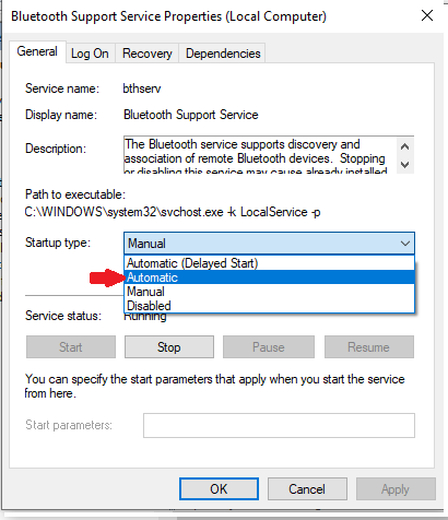 Bluetooth Support Service Properties (Local-Computer)