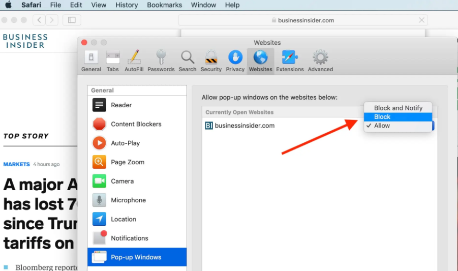 apple safari turn off pop up blocker