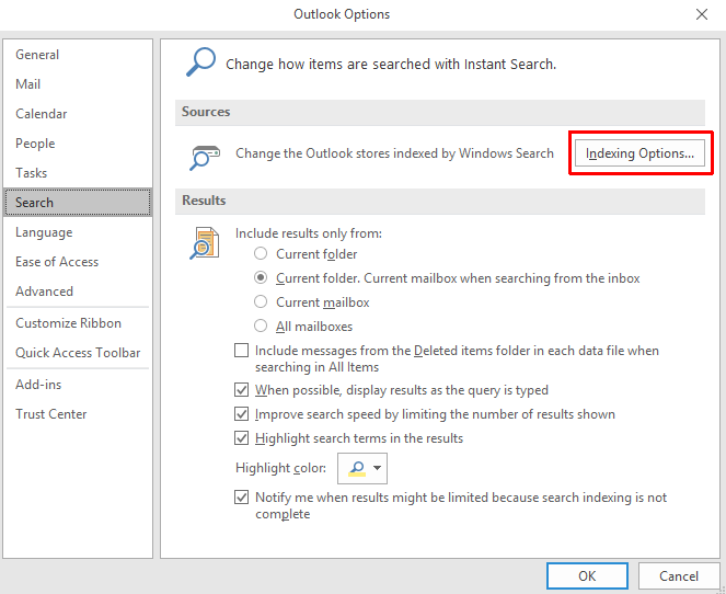 outlook search not working