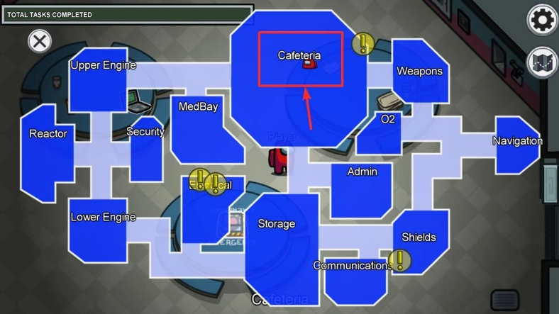 The Skeld Emergency Button In the ‘The Skeld’ map, go to the cafeteria as highlighted in the image below.