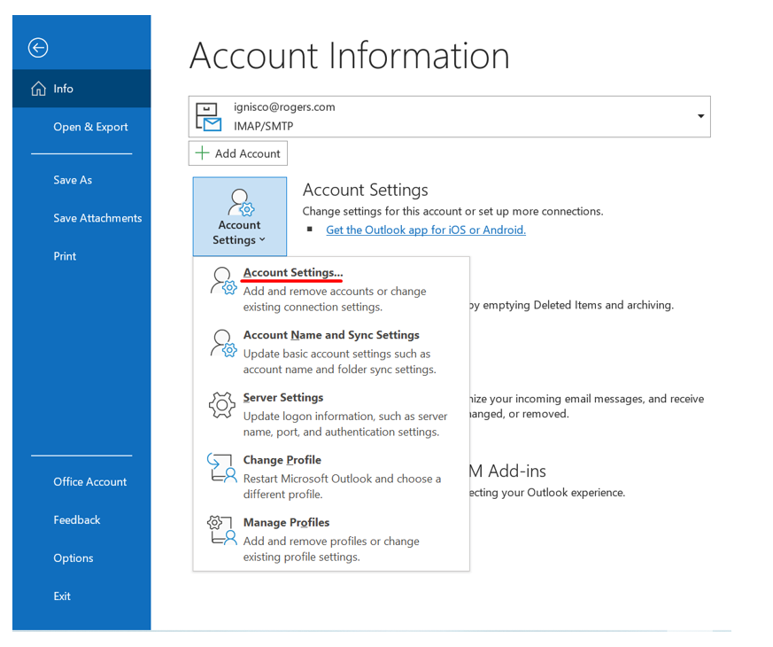 Outlook Account info