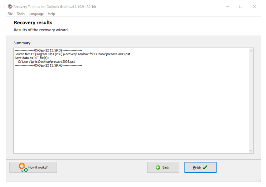 Recovery ToolBox For Outlook Recovery Results